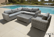 CIEUX Sectional Champagne 3 Piece Outdoor Patio Wicker Corner Sectional Sofa, Coffee Table and Club Chair Set in Grey with Sunbrella Cushions - Available in 2 Colours
