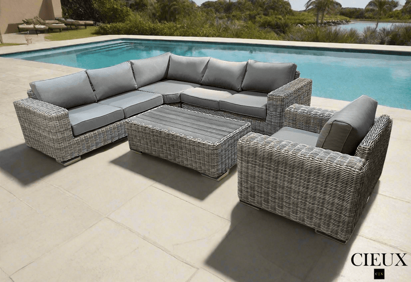 CIEUX Sectional Champagne 3 Piece Outdoor Patio Wicker Corner Sectional Sofa, Coffee Table and Club Chair Set in Grey with Sunbrella Cushions - Available in 2 Colours