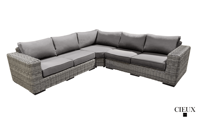 CIEUX Sectional Champagne 3 Piece Outdoor Patio Wicker Corner Sectional Sofa, Coffee Table and Club Chair Set in Grey with Sunbrella Cushions - Available in 2 Colours