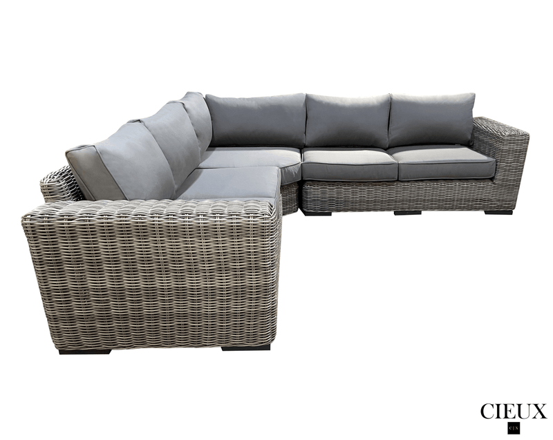 CIEUX Sectional Champagne 3 Piece Outdoor Patio Wicker Corner Sectional Sofa, Coffee Table and Club Chair Set in Grey with Sunbrella Cushions - Available in 2 Colours