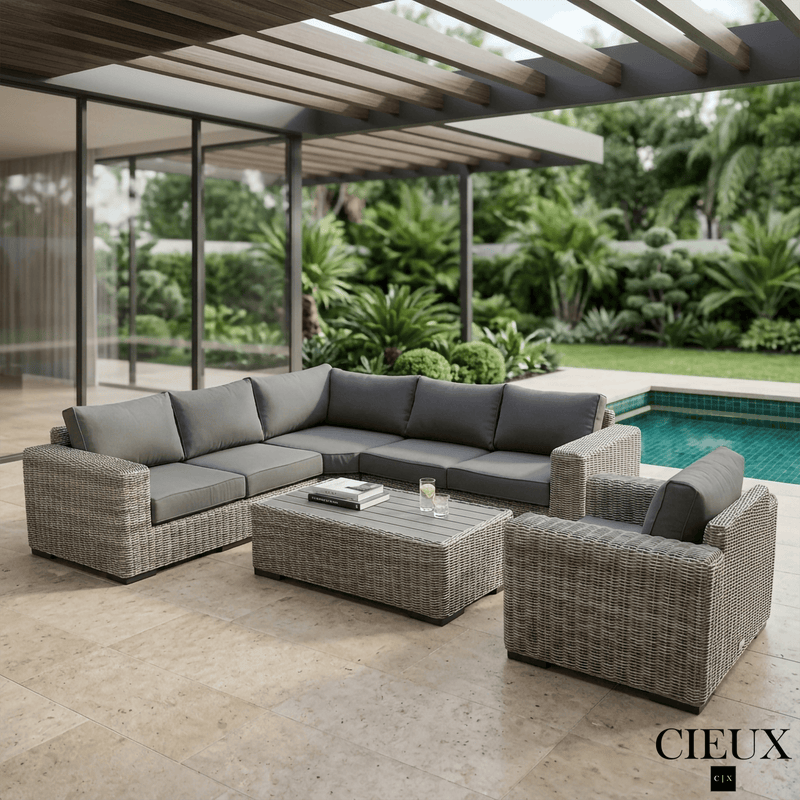 CIEUX Sectional Champagne 3 Piece Outdoor Patio Wicker Corner Sectional Sofa, Coffee Table and Club Chair Set in Grey with Sunbrella Cushions - Available in 2 Colours