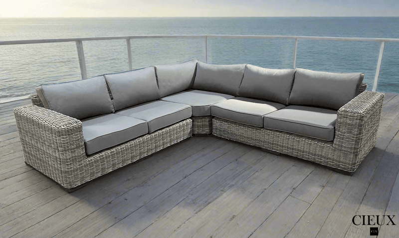 CIEUX Sectional Champagne Outdoor Patio Wicker Corner Sectional Sofa in Grey with Sunbrella Cushions - Available in 2 Colours