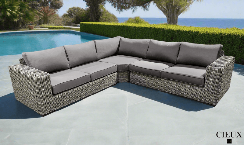 CIEUX Sectional Champagne Outdoor Patio Wicker Corner Sectional Sofa in Grey with Sunbrella Cushions - Available in 2 Colours