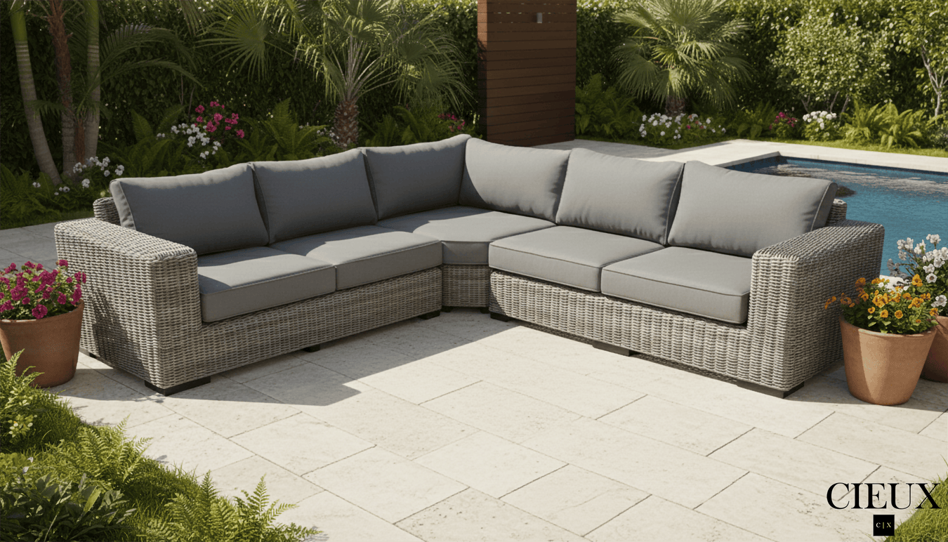CIEUX Sectional Champagne Outdoor Patio Wicker Corner Sectional Sofa in Grey with Sunbrella Cushions - Available in 2 Colours