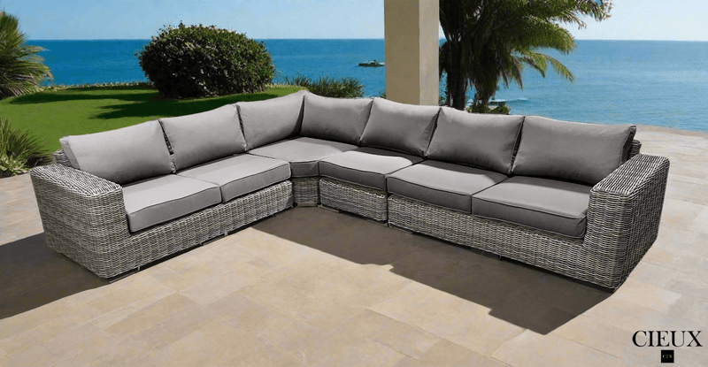 CIEUX Sectional Champagne Outdoor Patio Wicker L-Shaped Sectional Sofa in Grey with Sunbrella Cushions - Available in 2 Colours
