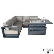 CIEUX Sectional Lyon 2 Piece Outdoor Patio Aluminum Metal Corner Sectional and Alsace Fire Pit Adjustable Height Table in Midnight Grey with Sunbrella Cushions - Available in 2 Colours