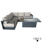 CIEUX Sectional Lyon 2 Piece Outdoor Patio Aluminum Metal Corner Sectional and Alsace Fire Pit Adjustable Height Table in Midnight Grey with Sunbrella Cushions - Available in 2 Colours
