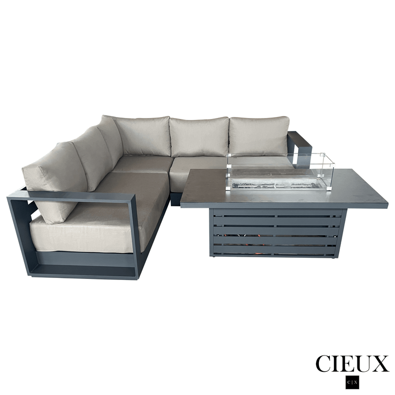 CIEUX Sectional Lyon 2 Piece Outdoor Patio Aluminum Metal Corner Sectional and Alsace Fire Pit Adjustable Height Table in Midnight Grey with Sunbrella Cushions - Available in 2 Colours