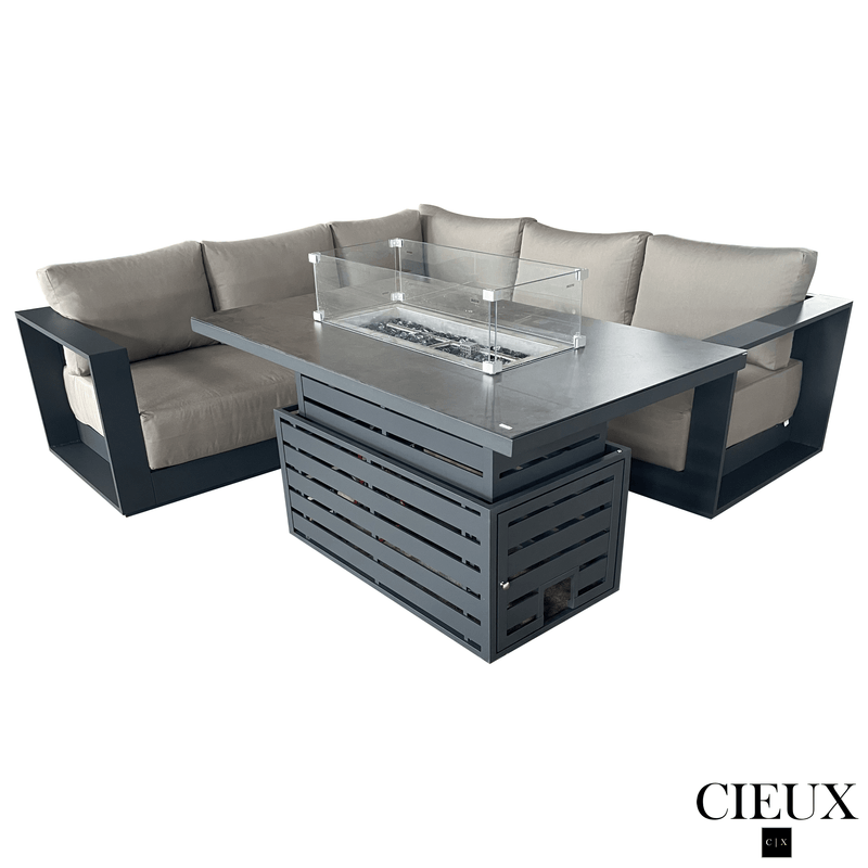 CIEUX Sectional Lyon 2 Piece Outdoor Patio Aluminum Metal Corner Sectional and Alsace Fire Pit Adjustable Height Table in Midnight Grey with Sunbrella Cushions - Available in 2 Colours
