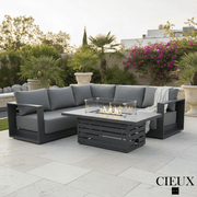 Cieux Sectional Lyon 2 Piece Outdoor Patio Aluminum Metal Corner Sectional and Alsace Fire Pit Adjustable Height Table in Midnight Grey with Sunbrella Cushions in Canvas Charcoal