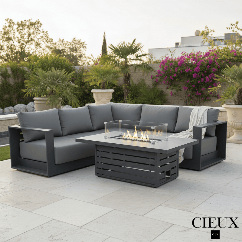 Cieux Sectional Lyon 2 Piece Outdoor Patio Aluminum Metal Corner Sectional and Alsace Fire Pit Adjustable Height Table in Midnight Grey with Sunbrella Cushions in Canvas Charcoal