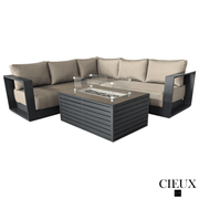 CIEUX Sectional Lyon 2 Piece Outdoor Patio Aluminum Metal Corner Sectional and Annency Fire Pit Coffee Table in Midnight Grey with Sunbrella Cushions - Available in 2 Colours