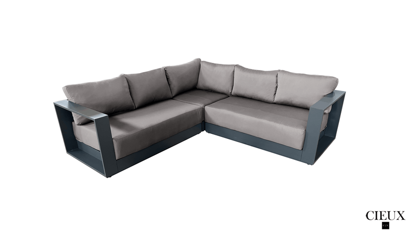CIEUX Sectional Lyon 2 Piece Outdoor Patio Aluminum Metal Corner Sectional and Annency Fire Pit Coffee Table in Midnight Grey with Sunbrella Cushions - Available in 2 Colours