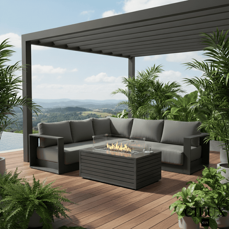 CIEUX Sectional Lyon 2 Piece Outdoor Patio Aluminum Metal Corner Sectional and Annency Fire Pit Coffee Table in Midnight Grey with Sunbrella Cushions in Canvas Charcoal