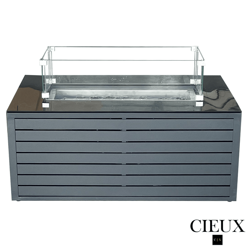 CIEUX Sectional Lyon 2 Piece Outdoor Patio Aluminum Metal Corner Sectional and Annency Fire Pit Coffee Table in Midnight Grey with Sunbrella Cushions in Canvas Charcoal