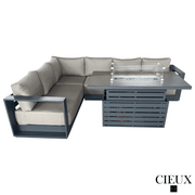 CIEUX Sectional Lyon 2 Piece Outdoor Patio Aluminum Metal L-Shaped Sectional and Alsace Fire Pit Adjustable Height Table in Midnight Grey with Sunbrella Cushions - Available in 2 Colours