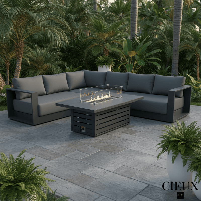 CIEUX Sectional Lyon 2 Piece Outdoor Patio Aluminum Metal L-Shaped Sectional and Alsace Fire Pit Adjustable Height Table in Midnight Grey with Sunbrella Cushions in Canvas Charcoal
