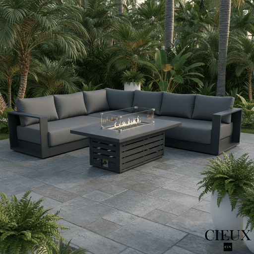 CIEUX Sectional Lyon 2 Piece Outdoor Patio Aluminum Metal L-Shaped Sectional and Alsace Fire Pit Adjustable Height Table in Midnight Grey with Sunbrella Cushions in Canvas Charcoal