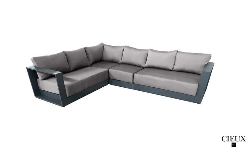 CIEUX Sectional Lyon 2 Piece Outdoor Patio Aluminum Metal L-Shaped Sectional and Annency Fire Pit Coffee Table in Midnight Grey with Sunbrella Cushions - Available in 2 Colours