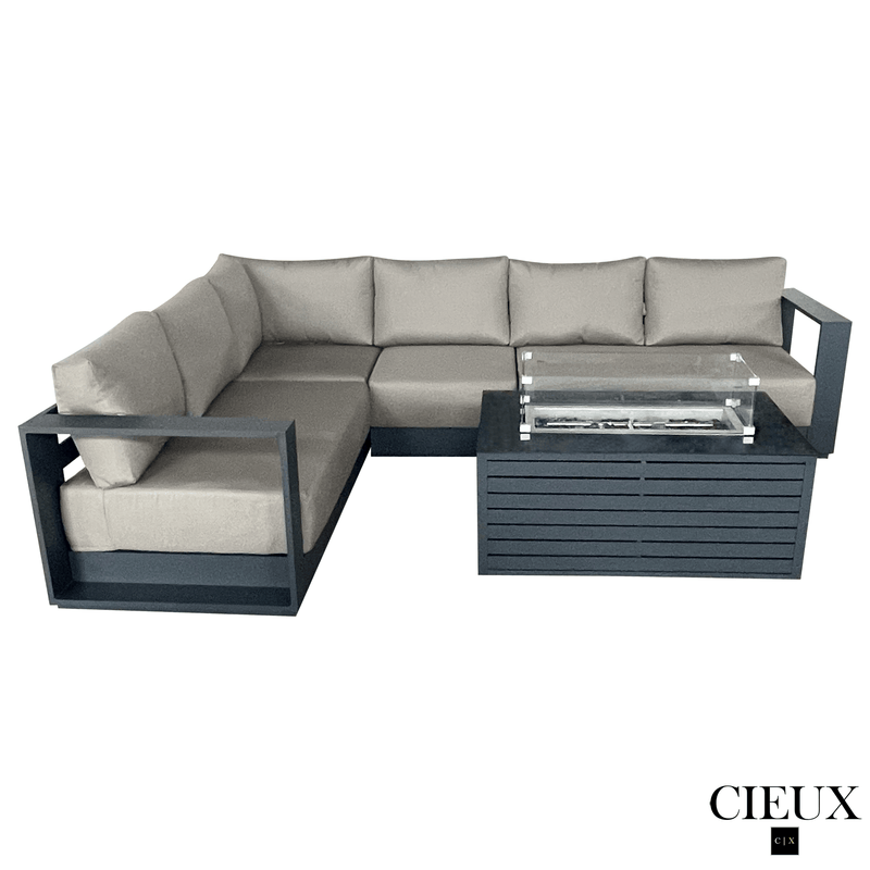 CIEUX Sectional Lyon 2 Piece Outdoor Patio Aluminum Metal L-Shaped Sectional and Annency Fire Pit Coffee Table in Midnight Grey with Sunbrella Cushions - Available in 2 Colours