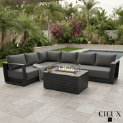 CIEUX Sectional Lyon 2 Piece Outdoor Patio Aluminum Metal L-Shaped Sectional and Annency Fire Pit Coffee Table in Midnight Grey with Sunbrella Cushions in Canvas Charcoal