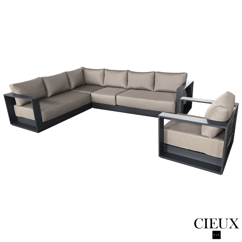 CIEUX Sectional Lyon 2 Piece Outdoor Patio Aluminum Metal L-Shaped Sectional and Club Chair in Midnight Grey with Sunbrella Cushions - Available in 2 Colours