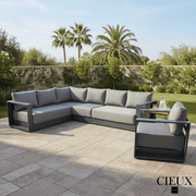 CIEUX Sectional Lyon 2 Piece Outdoor Patio Aluminum Metal L-Shaped Sectional and Club Chair in Midnight Grey with Sunbrella Cushions in Canvas Charcoal