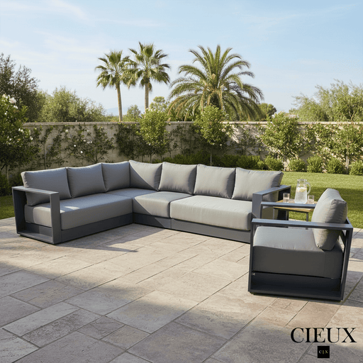 CIEUX Sectional Lyon 2 Piece Outdoor Patio Aluminum Metal L-Shaped Sectional and Club Chair in Midnight Grey with Sunbrella Cushions in Canvas Charcoal