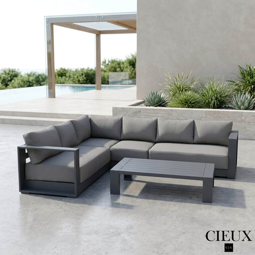 CIEUX Sectional Lyon 2 Piece Outdoor Patio Aluminum Metal L-Shaped Sectional Sofa and Coffee Table Set in Midnight Grey with Sunbrella Cushions - Available in 2 Colours