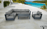 CIEUX Sectional Lyon 3 Piece Outdoor Patio Aluminum Metal L-Shaped Sectional Sofa, Coffee Table and Club Chair Set in Midnight Grey with Sunbrella Cushions - Available in 2 Colours