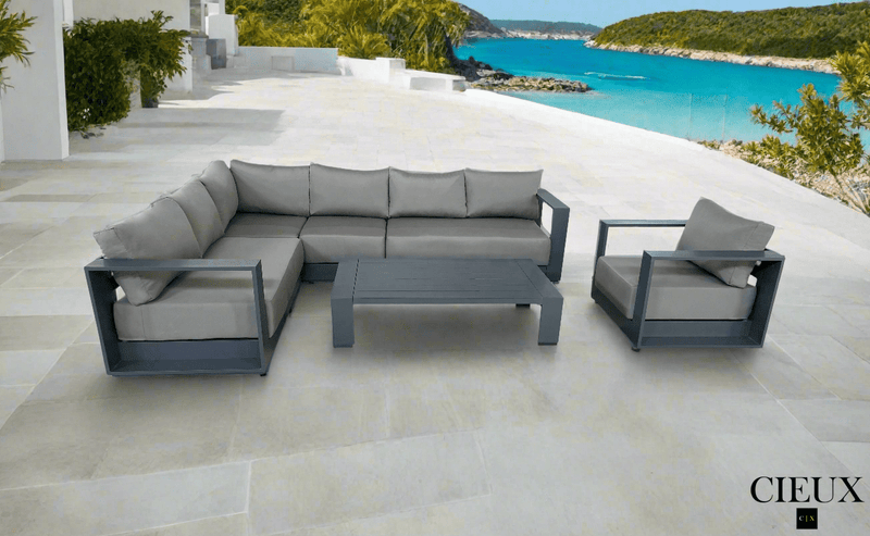 CIEUX Sectional Lyon 3 Piece Outdoor Patio Aluminum Metal L-Shaped Sectional Sofa, Coffee Table and Club Chair Set in Midnight Grey with Sunbrella Cushions - Available in 2 Colours