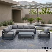 CIEUX Sectional Lyon 3 Piece Outdoor Patio Aluminum Metal L-Shaped Sectional Sofa, Coffee Table and Club Chair Set in Midnight Grey with Sunbrella Cushions - Available in 2 Colours