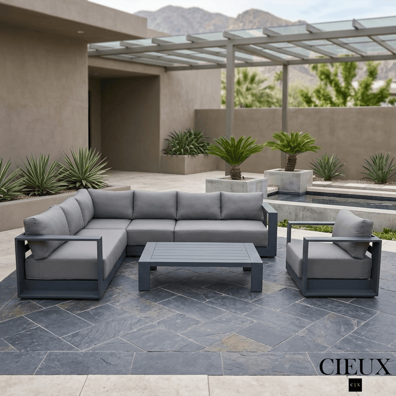 CIEUX Sectional Lyon 3 Piece Outdoor Patio Aluminum Metal L-Shaped Sectional Sofa, Coffee Table and Club Chair Set in Midnight Grey with Sunbrella Cushions - Available in 2 Colours
