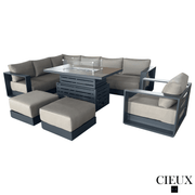 CIEUX Sectional Lyon 5 Piece Outdoor Patio Aluminum Metal L-Shaped Sectional Sofa, Club Chair, 2 Ottomans, and Alsace Fire Pit Adjustable Height Table in Midnight Grey with Sunbrella Cushions - Available in 2 Colours