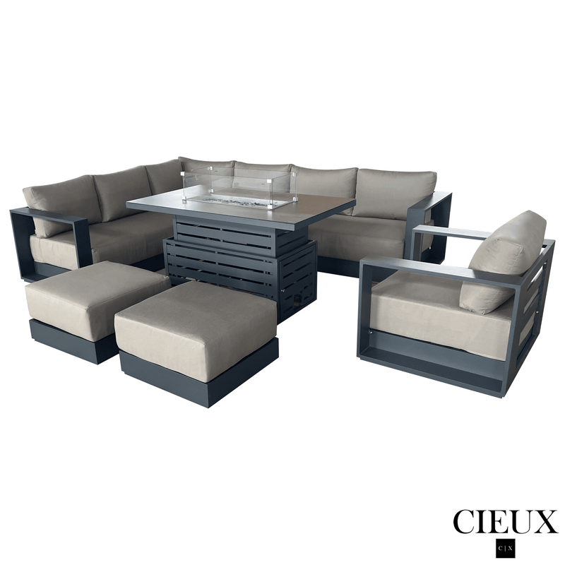 CIEUX Sectional Lyon 5 Piece Outdoor Patio Aluminum Metal L-Shaped Sectional Sofa, Club Chair, 2 Ottomans, and Alsace Fire Pit Adjustable Height Table in Midnight Grey with Sunbrella Cushions - Available in 2 Colours