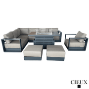 CIEUX Sectional Lyon 5 Piece Outdoor Patio Aluminum Metal L-Shaped Sectional Sofa, Club Chair, 2 Ottomans, and Alsace Fire Pit Adjustable Height Table in Midnight Grey with Sunbrella Cushions - Available in 2 Colours