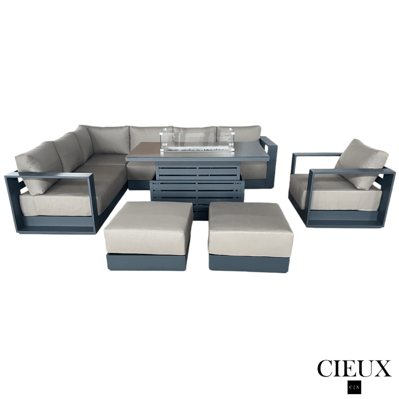 CIEUX Sectional Lyon 5 Piece Outdoor Patio Aluminum Metal L-Shaped Sectional Sofa, Club Chair, 2 Ottomans, and Alsace Fire Pit Adjustable Height Table in Midnight Grey with Sunbrella Cushions - Available in 2 Colours