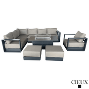 CIEUX Sectional Lyon 5 Piece Outdoor Patio Aluminum Metal L-Shaped Sectional Sofa, Club Chair, 2 Ottomans, and Alsace Fire Pit Adjustable Height Table in Midnight Grey with Sunbrella Cushions - Available in 2 Colours