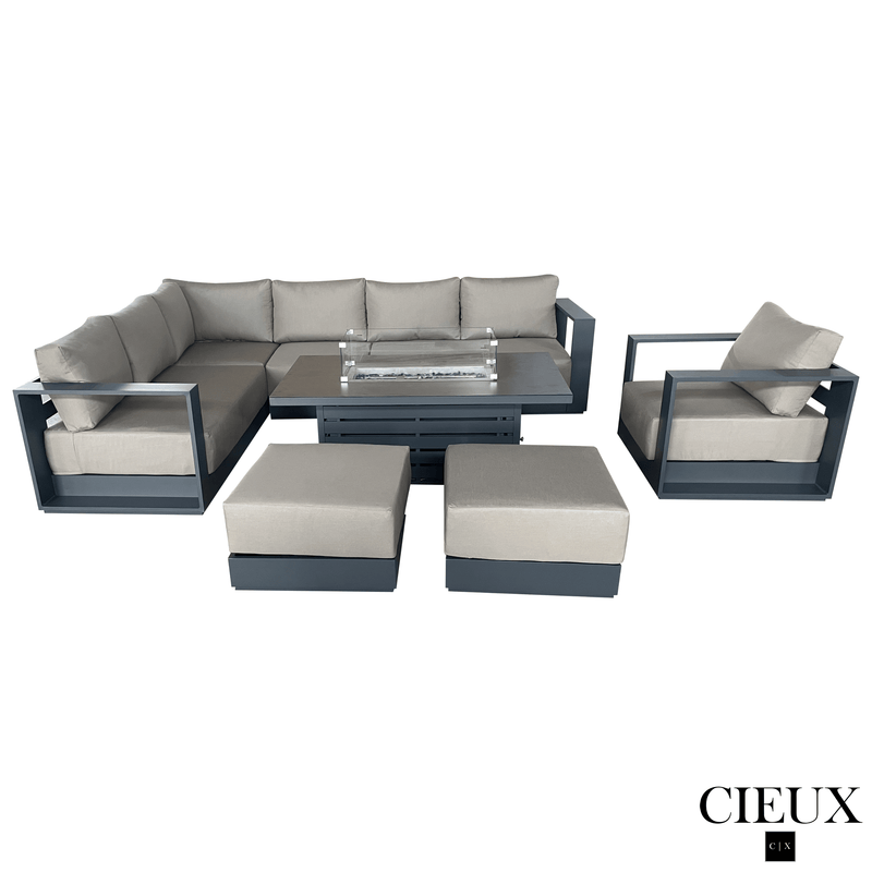 CIEUX Sectional Lyon 5 Piece Outdoor Patio Aluminum Metal L-Shaped Sectional Sofa, Club Chair, 2 Ottomans, and Alsace Fire Pit Adjustable Height Table in Midnight Grey with Sunbrella Cushions - Available in 2 Colours