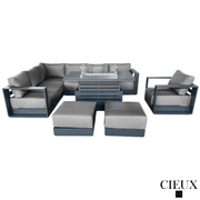 CIEUX Sectional Lyon 5 Piece Outdoor Patio Aluminum Metal L-Shaped Sectional Sofa, Club Chair, 2 Ottomans, and Alsace Fire Pit Adjustable Height Table in Midnight Grey with Sunbrella Cushions - Available in 2 Colours