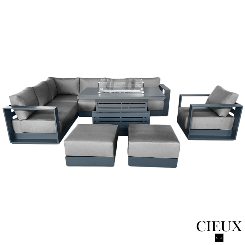 CIEUX Sectional Lyon 5 Piece Outdoor Patio Aluminum Metal L-Shaped Sectional Sofa, Club Chair, 2 Ottomans, and Alsace Fire Pit Adjustable Height Table in Midnight Grey with Sunbrella Cushions - Available in 2 Colours