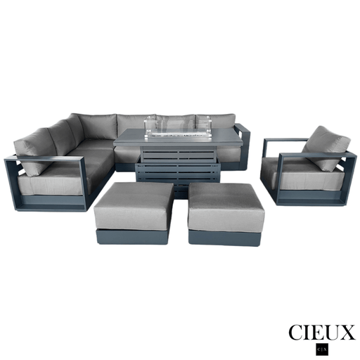CIEUX Sectional Lyon 5 Piece Outdoor Patio Aluminum Metal L-Shaped Sectional Sofa, Club Chair, 2 Ottomans, and Alsace Fire Pit Adjustable Height Table in Midnight Grey with Sunbrella Cushions - Available in 2 Colours