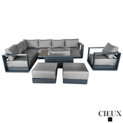 CIEUX Sectional Lyon 5 Piece Outdoor Patio Aluminum Metal L-Shaped Sectional Sofa, Club Chair, 2 Ottomans, and Alsace Fire Pit Adjustable Height Table in Midnight Grey with Sunbrella Cushions - Available in 2 Colours