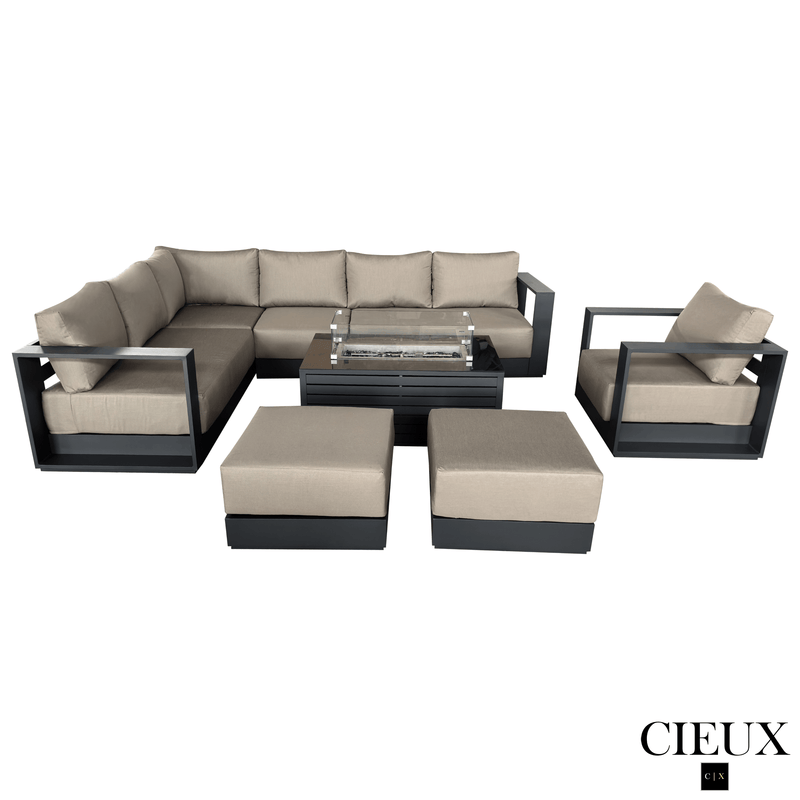 CIEUX Sectional Lyon 5 Piece Outdoor Patio Aluminum Metal L-Shaped Sectional Sofa, Club Chair, 2 Ottomans, and Annency Fire Pit Coffee Table in Midnight Grey with Sunbrella Cushions - Available in 2 Colours