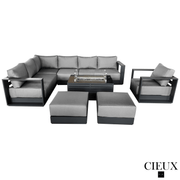CIEUX Sectional Lyon 5 Piece Outdoor Patio Aluminum Metal L-Shaped Sectional Sofa, Club Chair, 2 Ottomans, and Annency Fire Pit Coffee Table in Midnight Grey with Sunbrella Cushions - Available in 2 Colours
