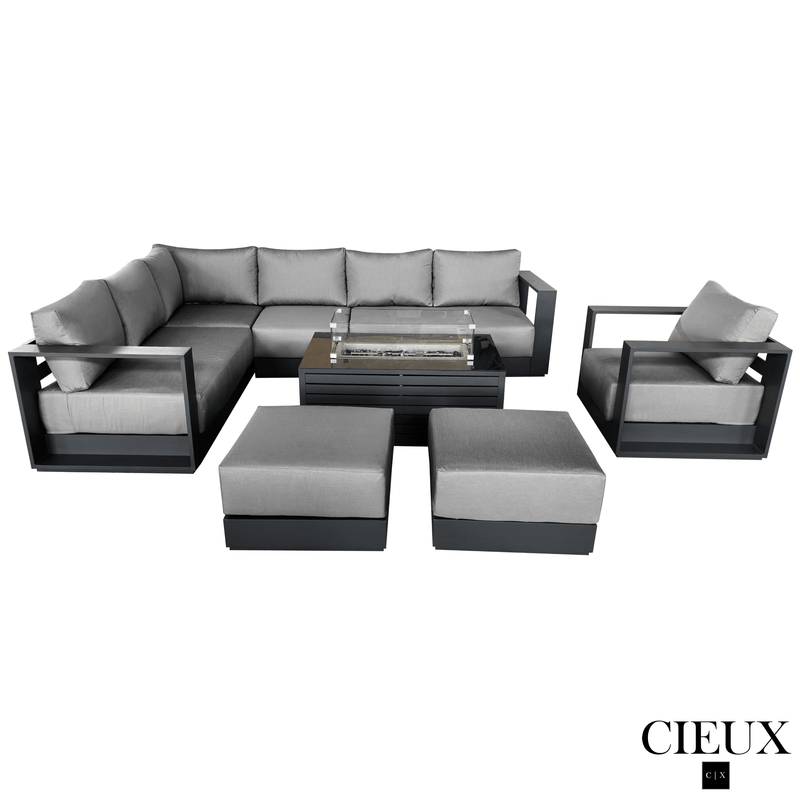 CIEUX Sectional Lyon 5 Piece Outdoor Patio Aluminum Metal L-Shaped Sectional Sofa, Club Chair, 2 Ottomans, and Annency Fire Pit Coffee Table in Midnight Grey with Sunbrella Cushions - Available in 2 Colours