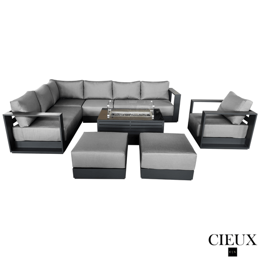 CIEUX Sectional Lyon 5 Piece Outdoor Patio Aluminum Metal L-Shaped Sectional Sofa, Club Chair, 2 Ottomans, and Annency Fire Pit Coffee Table in Midnight Grey with Sunbrella Cushions - Available in 2 Colours
