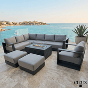 CIEUX Sectional Lyon 5 Piece Outdoor Patio Aluminum Metal L-Shaped Sectional Sofa, Club Chair, 2 Ottomans, and Annency Fire Pit Coffee Table in Midnight Grey with Sunbrella Cushions - Available in 2 Colours