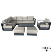 CIEUX Sectional Lyon 5 Piece Outdoor Patio Aluminum Metal L-Shaped Sectional Sofa, Club Chair, 2 Ottomans, and Coffee Table Set in Midnight Grey with Sunbrella Cushions - Available in 2 Colours