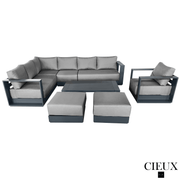 CIEUX Sectional Lyon 5 Piece Outdoor Patio Aluminum Metal L-Shaped Sectional Sofa, Club Chair, 2 Ottomans, and Coffee Table Set in Midnight Grey with Sunbrella Cushions - Available in 2 Colours